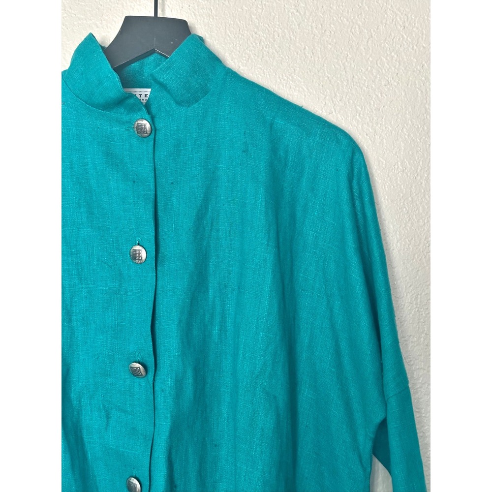 Itemz Chris Baumgartner Teal Linen Jacket Asymmetrical Lagenlook Art to Wear OS - Picture 2 of 8
